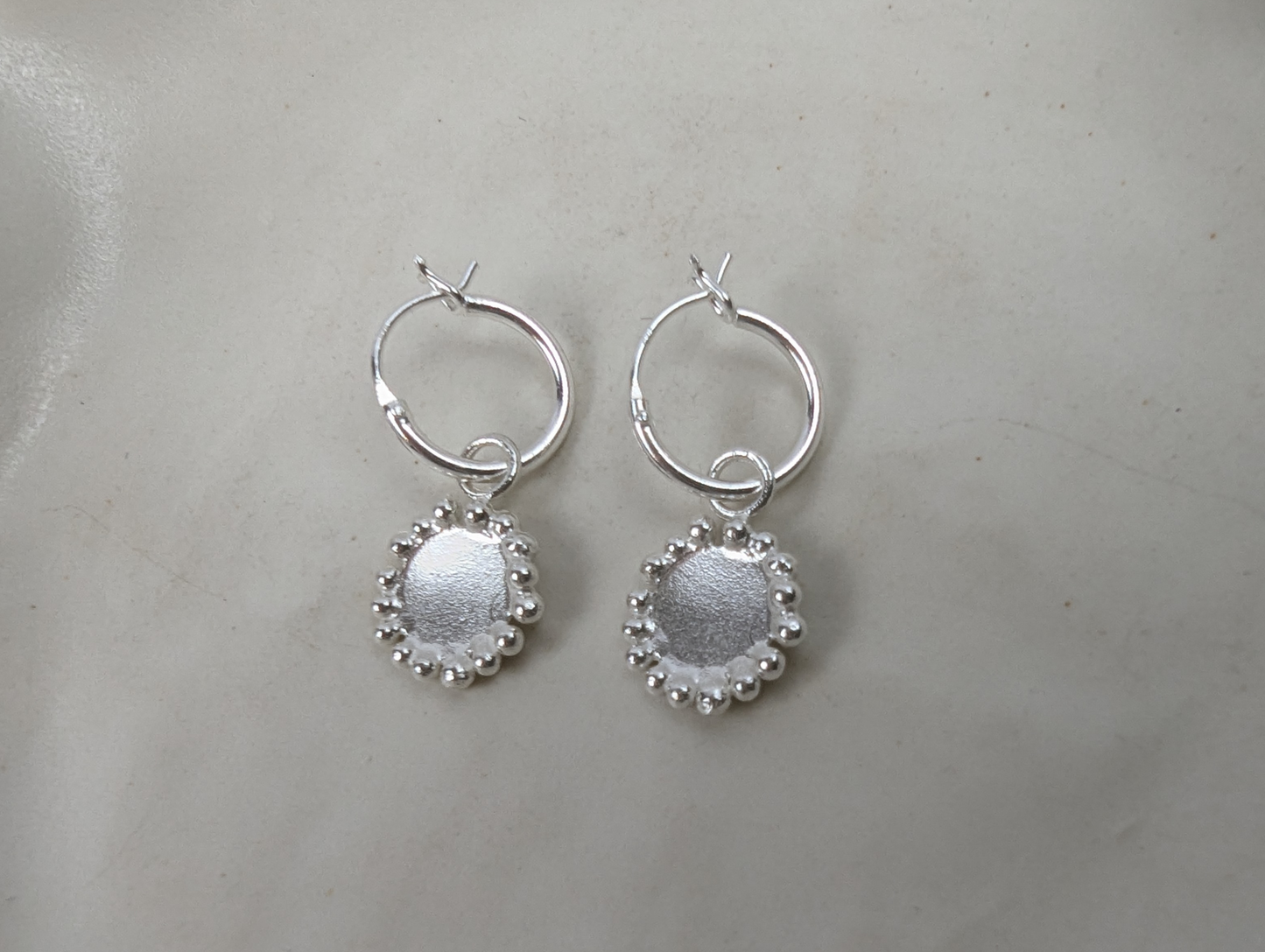 Hinged Huggies with Small Granulated Disc | Sterling Silver