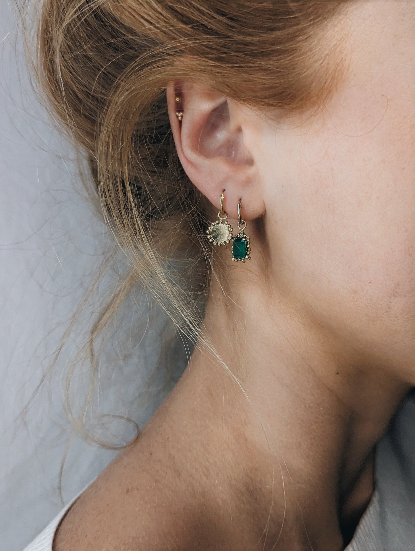 Hinged Huggies with Small Granulated Disc | Gold Plated - MILLY MAUNDER